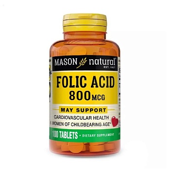 foto харчова добавка в таблетках mason natural folic acid, фолієва кислота 800 мкг, 100 шт