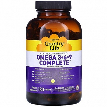foto жирные кислоты country life "ultra omega 3-6-9 complete" ультра комплекс омега 3-6-9 со вкусом лимона, 2400 мг (180 гелевых капсул)
