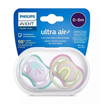 фото пустушка philips avent ultra air + ultra-air 0-6 міс, 2 шт, дизайн для дівчат (scf085/59)