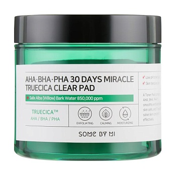 foto кислотні педи для обличчя some by mi aha-bha-pha 30 days miracle truecica clear pad, для проблемної шкіри, 70 шт