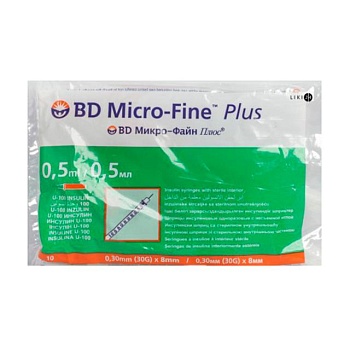 фото шприц ін'єкційний інсуліновий bd micro-fine plus u-100, розмір 30g, 0.3*8 мм, 0.5 мл (10 шт)