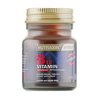фото дієтична добавка в таблетках nutraxin vitals vitamin b12 metyhlcobalamin вітамін b12 метилкобаламін 1000 мкг, 60 шт