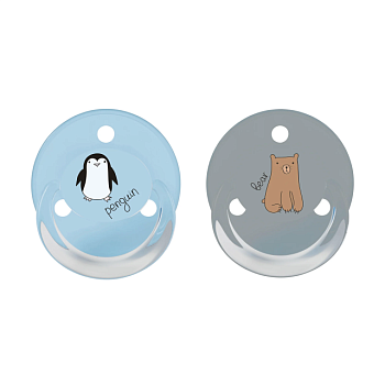 фото пустушка кругла силіконова baby-nova penguin&bear uni з кільцем та малюнком, блакитна та сіра, від 0 до 24 місяців, 2 шт (3962098)