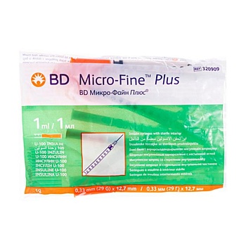 фото шприц ін'єкційний інсуліновий bd micro-fine plus u-100, розмір 29g, 0.33*12.7 мм, 1 мл (10 шт)