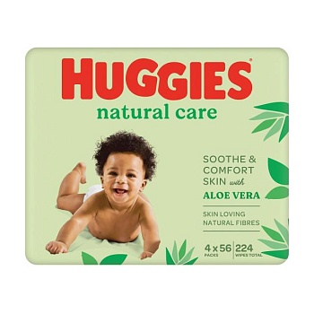 фото дитячі вологі серветки huggies natural care з екстрактом алое, 56*4 шт