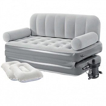 foto надувной диван-трансформер с электрическим насосом и двумя подушками bestway 75073-2 double max air couch (152x188x64) светло-серый (it-75073-2)