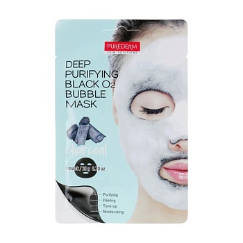 фото глибоко очищувальна бульбашкова тканинна маска для обличчя purederm deep purifying black o2 bubble mask charcoal з вугіллям, 20 г