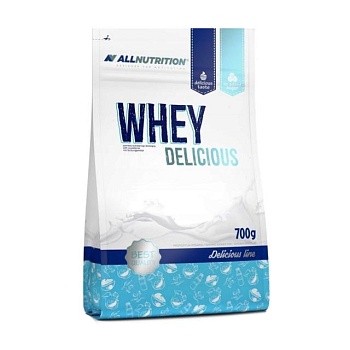 фото дієтична добавка протеїн в порошку allnutrition whey delicious білий шоколад з персиком, 700 г