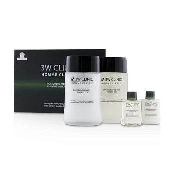 foto набір для догляду за чоловічою шкірою 3w clinic homme classic moisturizing freshness essentia skin care set (лосьйон, 150 мл + емульсія, 150 мл + 2 мініатюри, 60 мл)