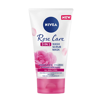 фото засіб для очищення обличчя 3 в 1 nivea rose care 3 in 1 face wash & scrub & mask для всіх типів шкіри, 150 мл