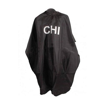 foto чорна перукарська накидка із срібним логотипом chi