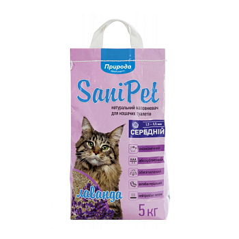 фото наповнювач туалетів для кішок природа sani pet бентонітовий, середні гранули, з ароматом лаванди, 5 кг