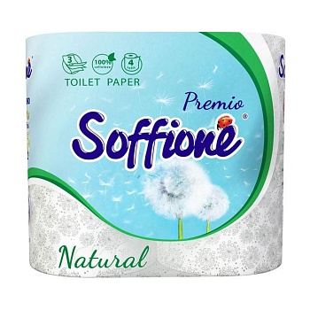 фото туалетний папір soffione premio natural білий, 3-шаровий, 150 відривів, 4 рулони