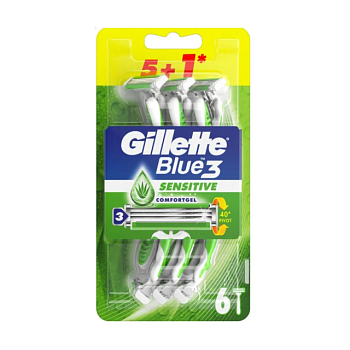 фото одноразові станки для гоління gillette blue 3 sensitive чоловічі, 5+1 шт