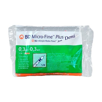 фото шприц ін'єкційний інсуліновий bd micro-fine plus demi u-100, розмір 30g, 0.3*8 мм, 0,3 мл (10 шт)