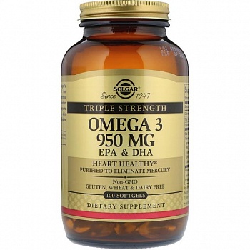 foto рыбий жир solgar "omega 3 epa & dha" жирные кислоты омега 3, 950 мг (100 гелевых капсул)