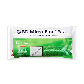 фото шприц ін'єкційний інсуліновий bd micro-fine plus u-40, розмір 29g, 0.33*12.7 мм, 1 мл (10 шт)