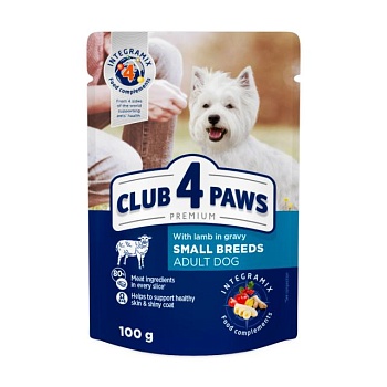 foto вологий корм для дорослих собак малих порід club 4 paws premium з ягням в соусі, 100 г