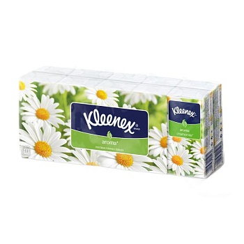 фото паперові носові хустинки kleenex  3-шарові, з ароматом ромашки, 10*10 шт