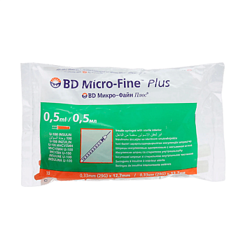 фото шприц ін'єкційний інсуліновий bd micro-fine plus u-100, розмір 29g, 0.33*12.7 мм, 0,5 мл (10 шт)