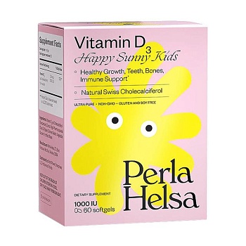 фото дієтична добавка для дітей вітаміни в капсулах perla helsa vitamin d3 happy sunny kids вітамін d3 1000 мо, 60 шт