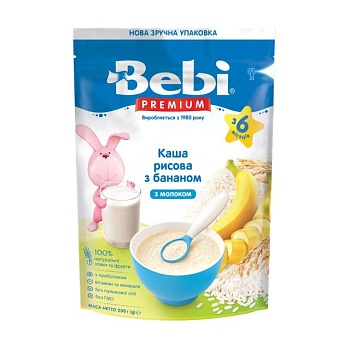 foto дитяча молочна каша bebi premium рисова з бананом, з 6 місяців, 200 г