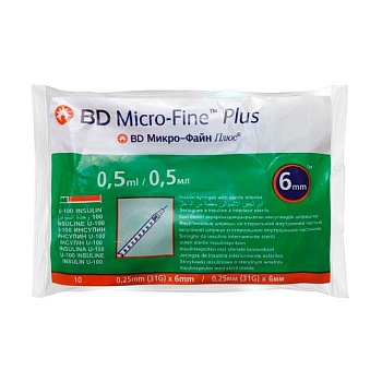 фото шприц ін'єкційний інсуліновий bd micro-fine plus u-100, розмір 31g, 0.25*6 мм, 0.5 мл (10 шт)