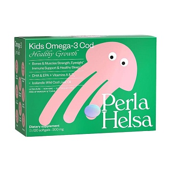 фото дієтична добавка для дітей в капсулах perla helsa kids omega-3 cod healthy growth омега-3 з тріски, з вітамінами а, d3, 300 мг, 120 шт