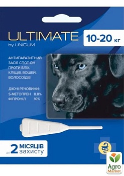 фото краплі від бліх, кліщів, вошей та власоїдів unicum ultimate (для собак 10-20 кг) s-метопрен, фіпроніл 1,6мл (ul-045)
