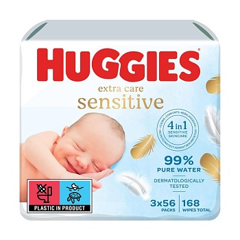 фото дитячі вологі серветки huggies pure extra care, 3*56 шт