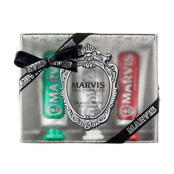 фото подарунковий набір зубних паст marvis travel with flavour асорті (класична інтенсивна м'ята, 25 мл + видбілювальна, м'ята 25 мл + кориця та м'ята, 25 мл)