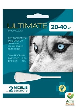фото краплі від бліх, кліщів, вошей та власоїдів unicum ultimate (для собак 20-40 кг) s-метопрен, фіпроніл 3,2мл (ul-046)