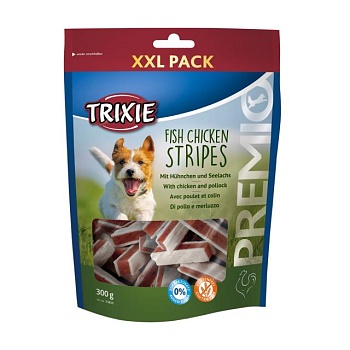 фото ласощі для собак trixie premio chicken and pollock stripes xxl з куркою та лососем, 300 г