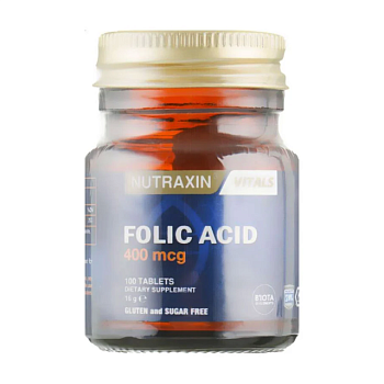 фото дієтична добавка в таблетках nutraxin vitals folic acid фолієва кислота 400 мкг, 100 шт
