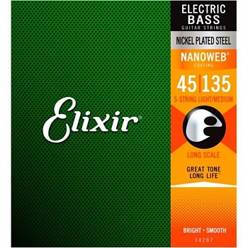 foto струны для бас-гитары elixir 14207 nanoweb coated nickel plated steel light/medium 5-string bass 45/135