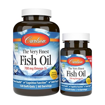 foto харчова добавка в гелевих капсулах carlson labs the very finest fish oil риб'ячий жир, зі смаком лимону, 700 мг, 120+30 шт