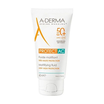 фото матувальний сонцезахисний флюїд для обличчя a-derma protect ac mattifying fluid spf 50+, 40 мл
