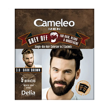 фото чоловіча фарба для волосся, бороди та вусів delia cosmetics cameleo men grey off, 3.0 dark brown, 2*15 мл