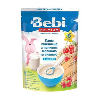foto дитяча молочна каша bebi premium пшенична з печивом, малиною та вишнею, з 6 місяців, 200 г