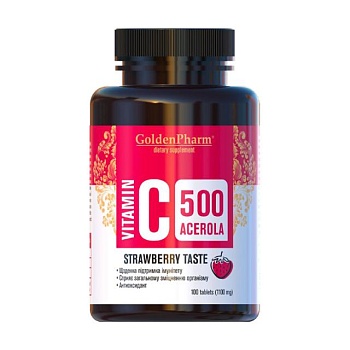 фото дієтична добавка в таблетках golden pharm вітамін c acerola 500 мг зі смаком полуниці, 100 шт