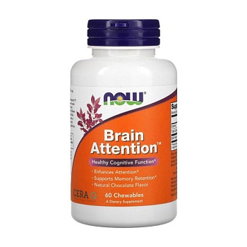 фото дієтична добавка в жувальних таблетках now foods brain attention когнітивна підтримка, зі смаком шоколаду, 60 шт