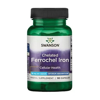 фото дієтична добавка мінерали в капсулах swanson chelated ferrochel iron залізо, 18 мг, 180 шт