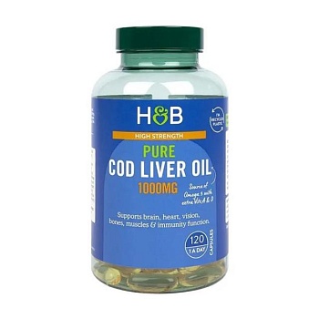 фото дієтична добавка в капсулах holland & barrett pure cod liver oil олія печінки тріски, 1000 мг, 120 шт