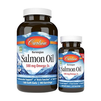 фото дієтична добавка в гелевих капсулах carlson labs salmon oil лососевий жир, 500 мг, 180+50 шт