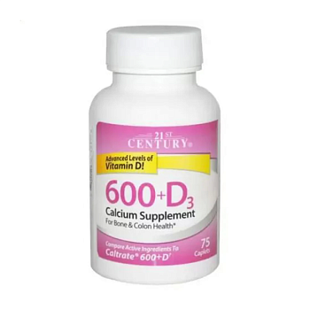 фото дієтична добавка в таблетках 21st century calcium 600 + d3 кальцій, 600 мг + вітамін д3, 75 шт