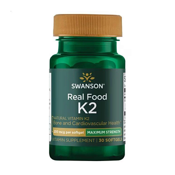 фото дієтична добавка вітаміни в гелевих капсулах swanson real food k-2 вітамін k-2, 200 мкг, 30 шт
