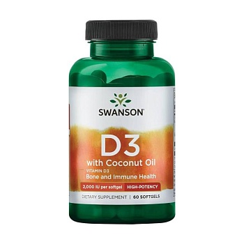 фото дієтична добавка вітаміни в гелевих капсулах swanson vitamin d3 with coconut oil вітамін d3 з кокосовою олією, 2000 мо, 60 шт