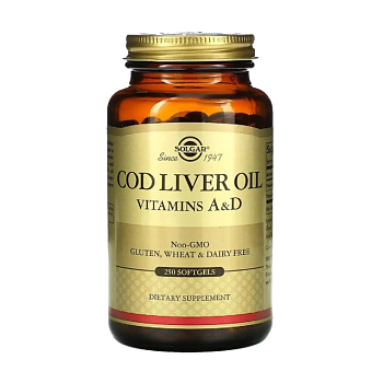 фото дієтична добавка в капсулах solgar cod liver oil & vitamins a & d олія печінки тріски з вітамінами a & d, 250 шт