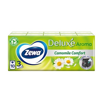 фото паперові носові хустинки zewa deluxe camomile comfort з ароматом ромашки, 3-шарові, 10*10 шт