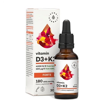 фото дієтична добавка вітаміни в краплях aura herbals vitamin d3 + k2 forte вітамін d3 4000 мо + k2, 30 мл